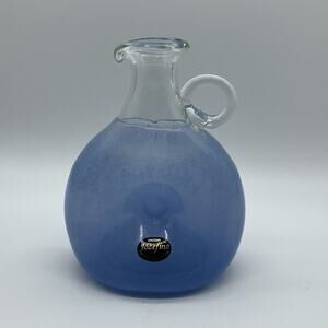 Krosno Jozefina Poland Art Glass Pinched Center Vase Applied Handle Blue